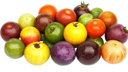 A vibrant pile of heirloom tomatoes in various colors and sizes, showcasing a spectrum of reds, yellows, greens, and purples