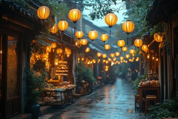 Rainy night in Asian alleyway, lanterns illuminate shops