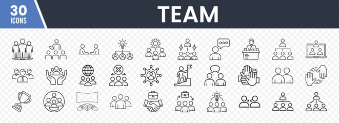 Set of 30 Teamwork and Collaboration Icons Featuring Group Dynamics, Leadership, Communication, and Organizational Structures for Business, Community, and Project Management