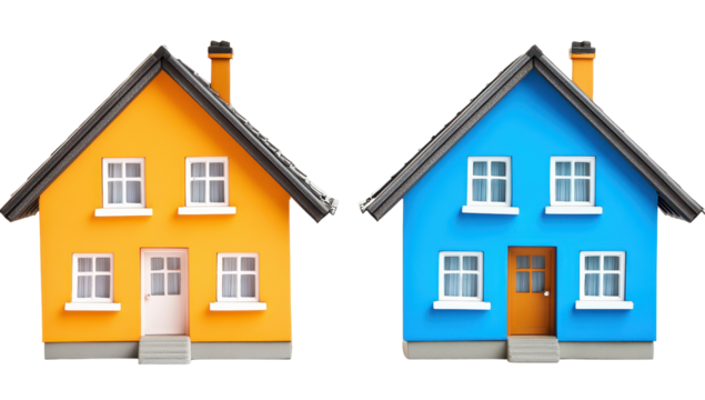 Two small model houses, one yellow and one blue, with grey roofs, identical in design except for color, sit side-by-side against a black background