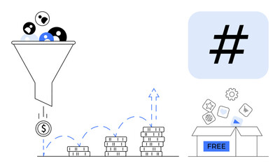 Funnel filtering audience into revenue stacks, metadata tag, free product box, icons for value. Ideal for marketing, strategy, conversion, engagement, audience branding simple landing page