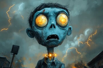 Zombie child, stormy night, city, fear