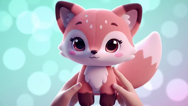 Cartoon Kawaii Fox Plush Toy Held with Gentle Hands in Soft Pastel Colors on Bokeh Background