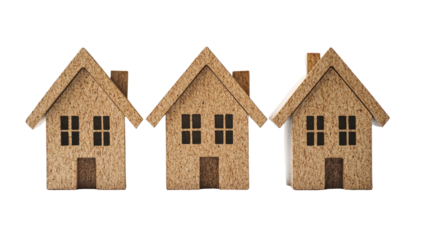 Three small, identical cardboard houses in a row, simplistic design, light brown hue,  showing uniformity and possibly representing real estate or community