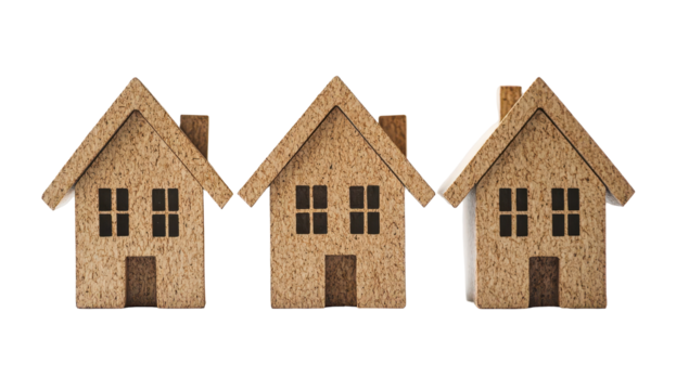 Three small, identical cardboard houses in a row, simplistic design, light brown hue,  showing uniformity and possibly representing real estate or community