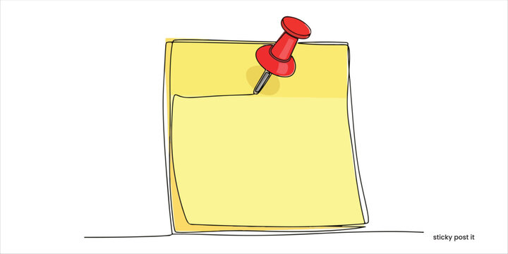 Yellow sticky post it note with red pushpin continuous single line art drawing sketch on white background