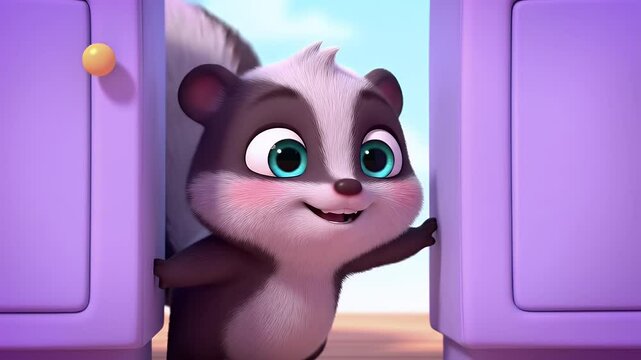 Charming Cartoon Skunk Peeks From Light Purple Door a Heartwarming 3D Render in Soft Pastel Colors