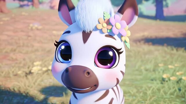 Charming Zebra Kawaii 3D Render with Striped Coat Pastel Colors Wearing Flower Crown in Cartoon Style Cute Animal with Expressive Eyes Soft Lighting and Playful Design