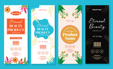 Set of vertical Products Packaging Label design for cosmetic, beauty, skin care products packaging roll up or signage banner template pack, with products details Information with floral greetings card