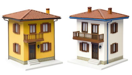 Two small-scale model houses, one yellow and one white, both with brown roofs, balconies, and similar architectural details, stand side-by-side on white bases