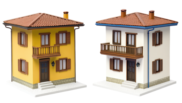 Two small-scale model houses, one yellow and one white, both with brown roofs, balconies, and similar architectural details, stand side-by-side on white bases