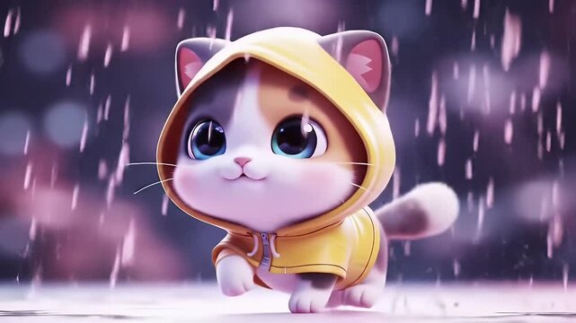 Charming Kitten Character Wearing Yellow Raincoat in Rainy Weather with Soft Pastel Color Palette 3D Render Children Illustration