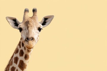Giraffe portrait with distinctive patterns and large expressive eyes, set against a soft pastel background, showcasing the beauty of wildlife and nature's elegance
