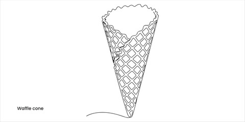 Waffle cone continuous single line art drawing sketch on white background
