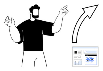 Confident individual gestures towards analytical dashboard and large upward arrow symbolizing progress. Ideal for business, analytics, growth, success, strategy, leadership, and a simple landing page