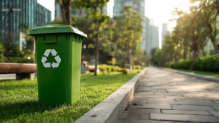 Naklejka premium Green Trash Bin in a City Park : Suitable for Be Used in Blog Posts, Social Media Posts or Website Content Related to the Environment Theme.