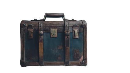 Weathered, dark brown leather suitcase with brass clasps and worn teal fabric interior, hinting at age and journeys past