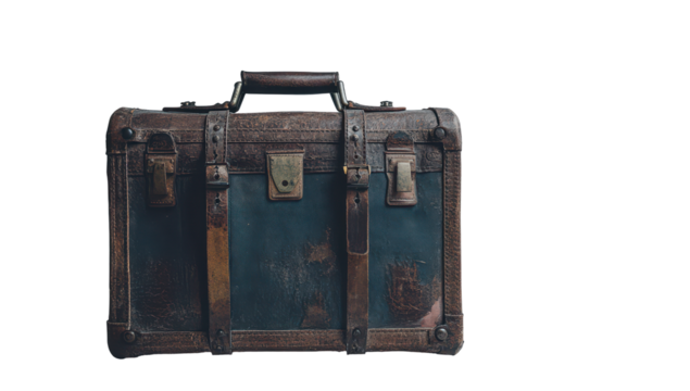Weathered, dark brown leather suitcase with brass clasps and worn teal fabric interior, hinting at age and journeys past