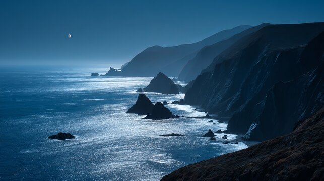 Ocean coast landscape photography at night with moon and cliffs scenic seascape nature wallpaper image 4k 8k