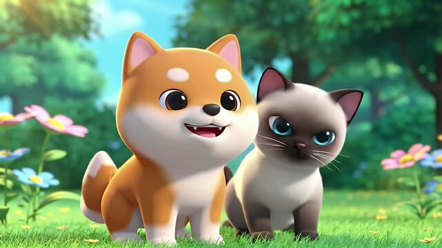 Cartoon Shiba Inu and Siamese Cat on Green Lawn with Wildflowers Animated 3D Render in Kawaii Style