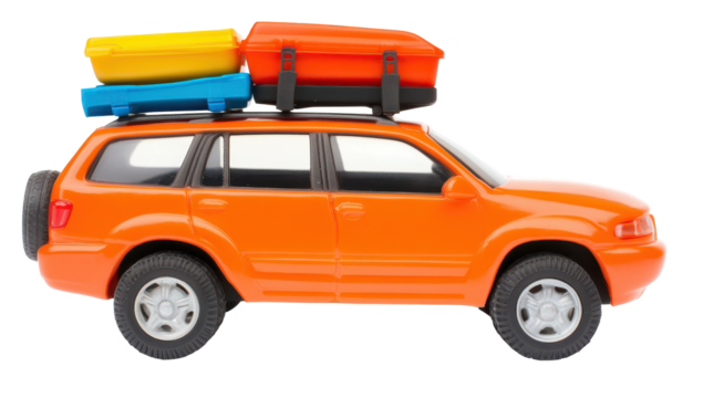 Orange SUV toy model with yellow, orange, and blue luggage carriers on its roof rack, isolated on a black background
