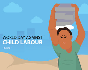 illustration vector graphic of a child working to lift bricks, perfect for international day, world day against child labour, celebrate, greeting card, etc.