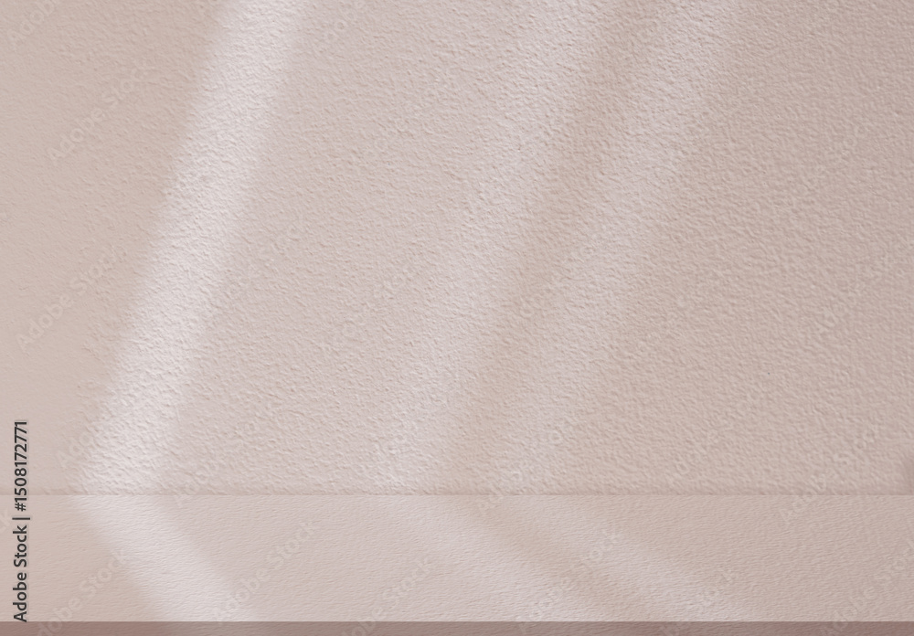 Poster Beige studio background,Minimal abstract light effect on podium stand for Autumn product display.Interior room with soft shadow,sunlight from window light on pastel peach color wall and floor