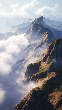 Misty mountain range at sunrise, showcasing rocky peaks and valleys shrouded in clouds. Warm sunlight illuminates the scene, creating a serene and dramatic atmosphere.