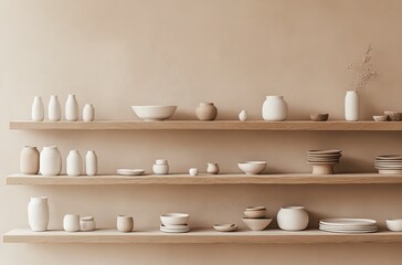 Two wooden shelves displaying various ceramic pottery, including bowls, vases, and plates, against a warm beige wall