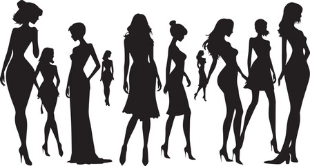  women silhouettes in diverse poses on a white background. Modern flat design aesthetic, eerie creepy atmosphere. Warm golden glow, dark tones, unsettling details, simple two-dime