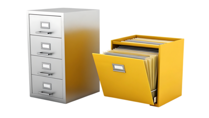 Filing cabinets with documents, office organization on transparent background