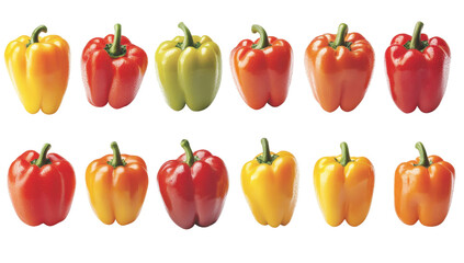Twelve vibrant bell peppers arranged in two rows, showcasing a spectrum of red, orange, yellow, and green hues