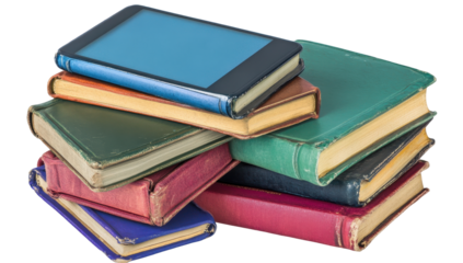 A stack of vintage hardcover books with a modern smartphone resting on top, showcasing a contrast between old and new media