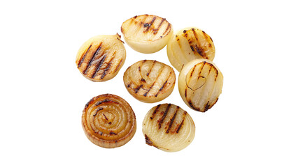 Grilled onion pieces top view isolated on transparent background