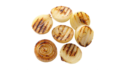 Grilled onion pieces top view isolated on transparent background