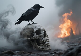 Raven Perched on Skull Amidst Fire and Smoke.