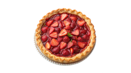 Freshly baked whole round strawberry pie isolated on transparent background