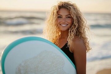 Smiling Female Surfer at Beach During Golden Hour, Surfer, Surfing, Beach