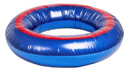 Inflatable ring, blue and red, glossy finish, slightly deflated, circular