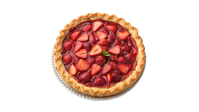 Freshly baked whole round strawberry pie isolated on transparent background