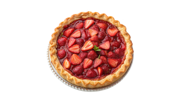 Freshly baked whole round strawberry pie isolated on transparent background