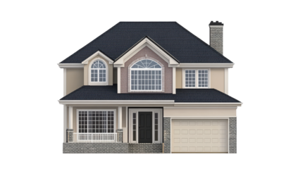 Two-story house, beige stucco, dark roof, arched windows, attached garage, stone accents