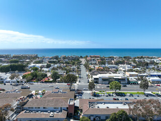 Aerial view of wealthy Encinitas town with blue ocean in San Diego, South California, USA. 