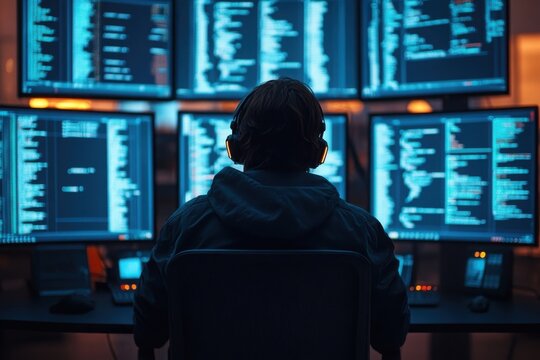 A person with headphones sits in front of multiple monitors displaying lines of code in a dark, tech-focused workspace.