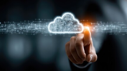 Businessman interacting with virtual backup interface for data protection, cloud storage, disaster recovery planning, and file restoration systems