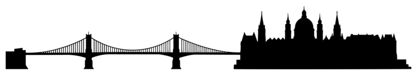 Obraz premium city skyline and suspension bridge vector in silhouette