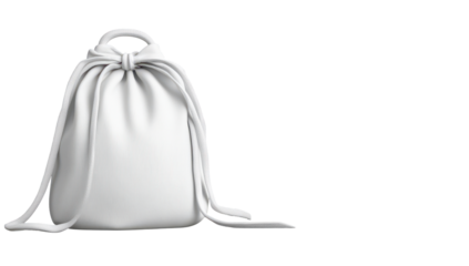 A minimalist white drawstring backpack with long shoulder straps, tied in a bow at the top