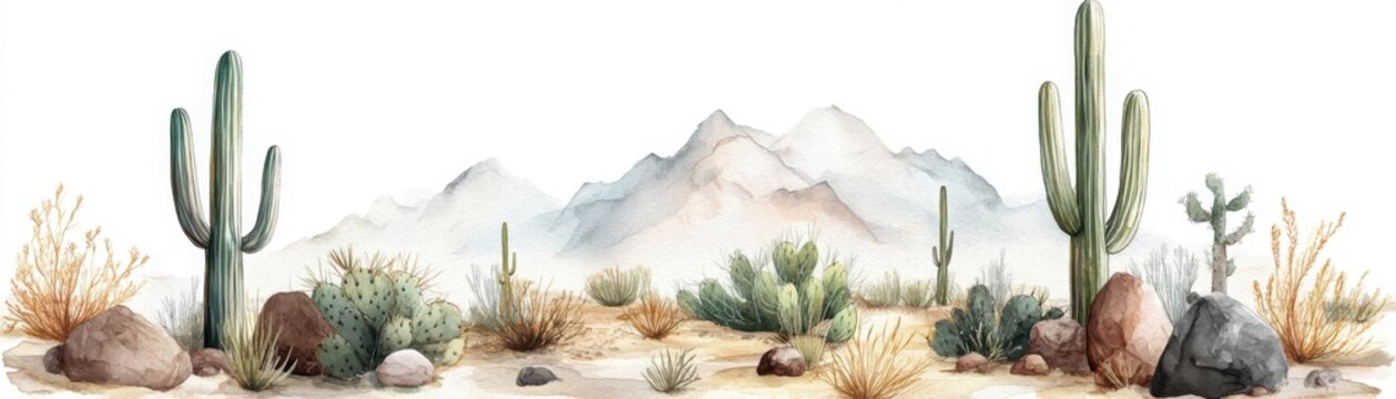 Watercolor illustration of a desert landscape with cacti, dry plants, rocks, and mountains in the background.