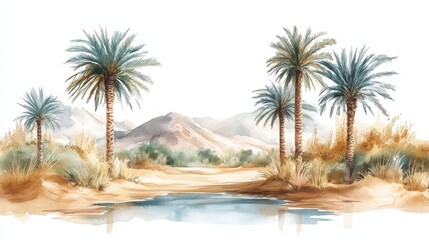 Watercolor painting of a desert oasis with palm trees, water, and distant mountains under a clear sky.