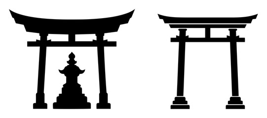 japanese torii gates and stone lantern silhouette vector